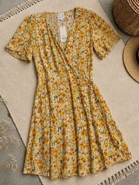 Floral Wrap Midi Dress - Yellow